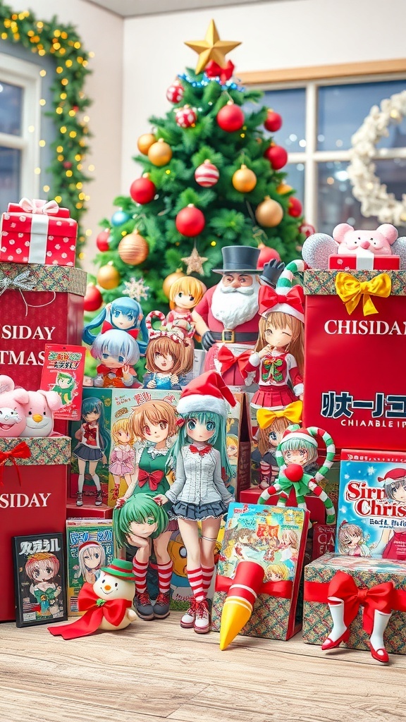 A collection of anime gifts including figures, manga, and apparel, surrounded by Christmas decorations.